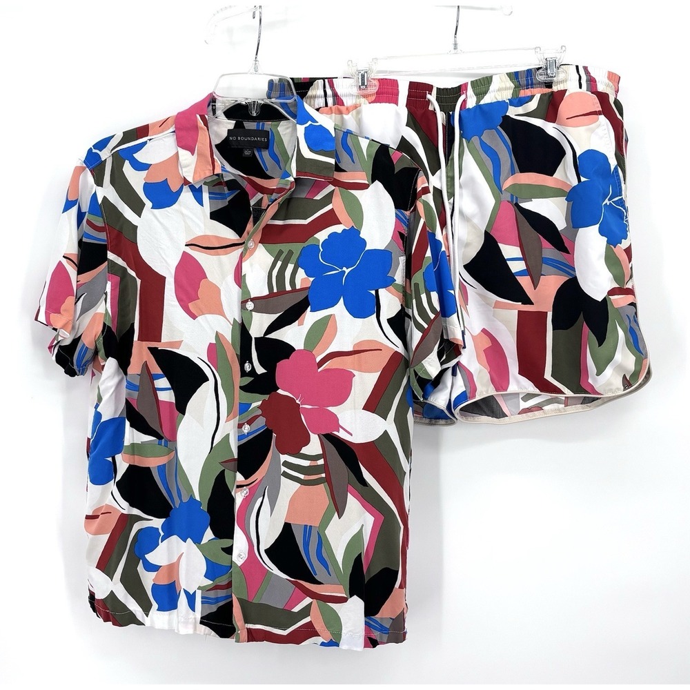 No Boundaries Men's XL 2 Piece Tropical Floral Matching Set Camp Shirt Shorts